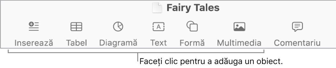 Bara de instrumente Pages cu butoanele Inserați, Tabel, Diagramă, Text, Formă și Multimedia.