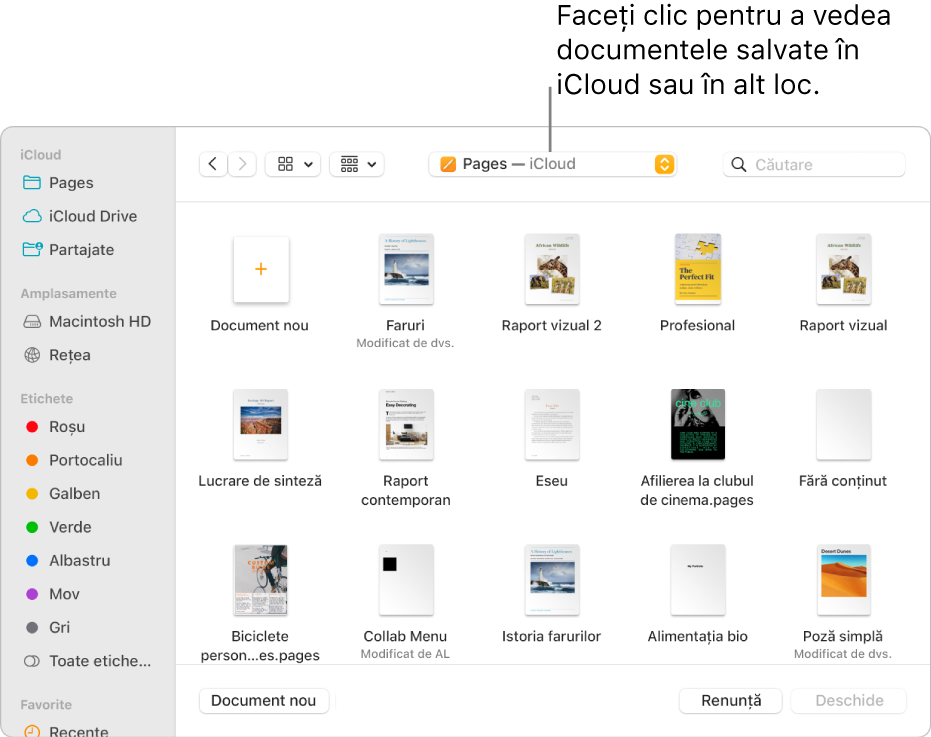 Dialogul Deschide cu bara laterală deschisă în stânga și iCloud Drive selectat în meniul pop-up din partea de sus. Dosarele pentru Keynote, Numbers și Pages apar în dialog împreună cu un buton Document nou.