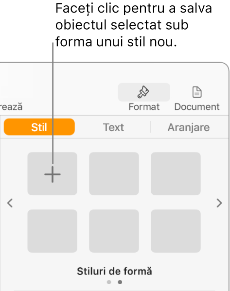 Fila Stil a barei laterale Format cu butonul Creează un stil în colțul din stânga sus și cinci substituenți de stil goi.