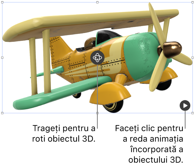 Un obiect 3D cu un buton Rotire în mijlocul său și butonul Redare în colțul din dreapta jos.