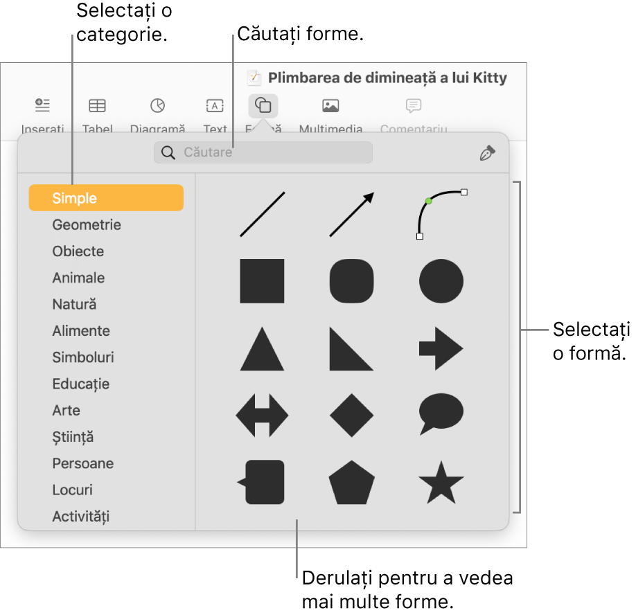 Biblioteca de forme, cu categoriile enumerate în partea stângă și formele afișate în partea dreaptă. Puteți utiliza câmpul de căutare din partea de sus pentru a găsi forme și derulați pentru a vedea mai multe.