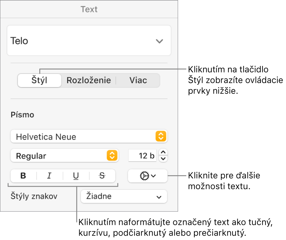 Ovládacie prvky Štýl na postrannom paneli Formát s bublinami pre tlačidlá Tučné, Kurzíva, Podčiarknuť a Preškrtnúť.