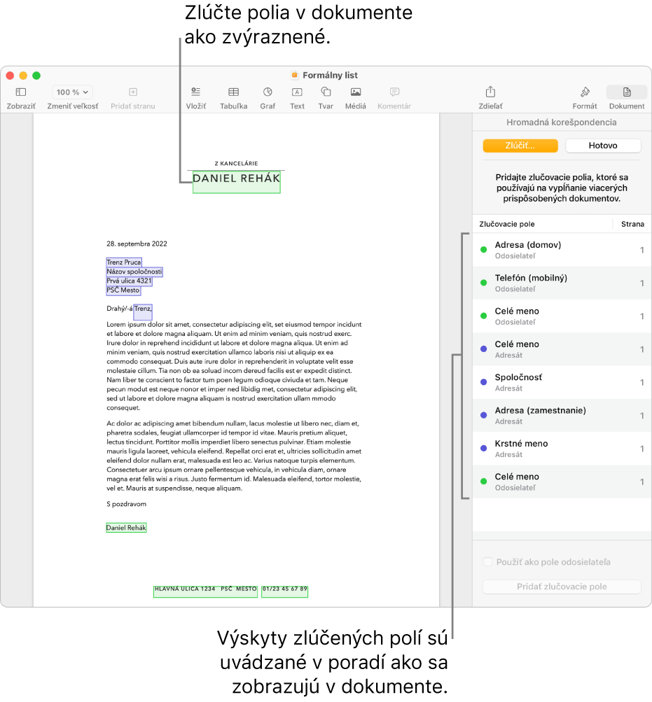 Dokument v Pages so zlučovacími poliami pre príjemcu a odosielateľa a zoznam inštancií zlučovacích polí viditeľný v postrannom paneli Dokument.