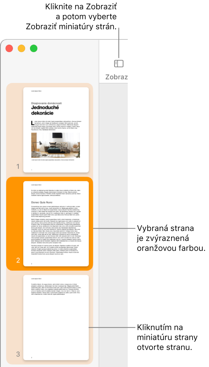 Postranný panel v ľavej časti okna Pages s otvoreným zobrazením Miniatúry strán a vybratou stranou zvýraznenou tmavooranžovou farbou.