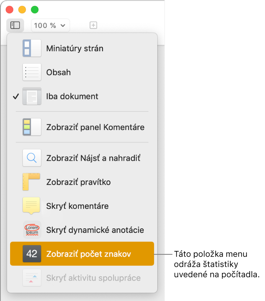 Menu Zobraziť otvorené s možnosťou Zobraziť počet znakov v spodnej časti.