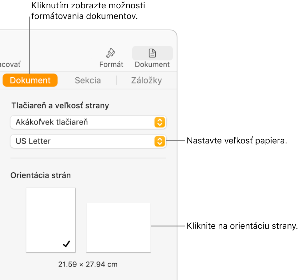 Postranný panel Dokument s označenou záložkou Dokument v hornej časti postranného panela. Na postrannom paneli sa nachádza vyskakovacie menu na nastavenie veľkosti papiera a tlačidlá na nastavenie orientácie strany na výšku alebo na šírku.