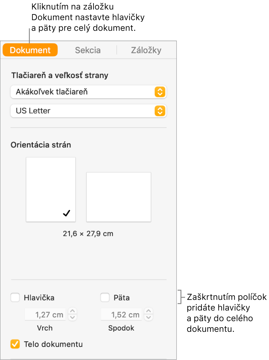 Postranný panel Dokument s označenou záložkou Dokument v hornej časti postranného panela. Pod zaškrtávacími políčkami Hlavička a Päta sa nachádzajú šípky na zmenu vzdialenosti hlavičiek a piat od hornej a dolnej časti strany.