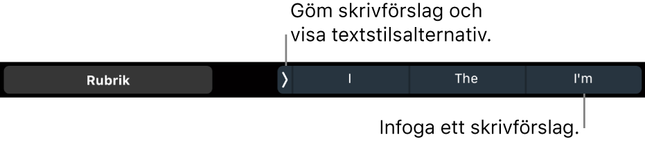 Touch Bar på MacBook Pro med reglage för att välja en textstil, gömma skrivförslag och infoga skrivförslag.