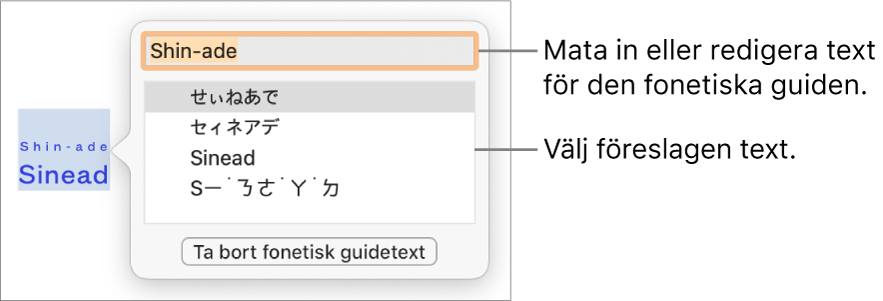 Den fonetiska guiden är öppen för ett ord, med linjer som pekar på textfältet och föreslagen text.