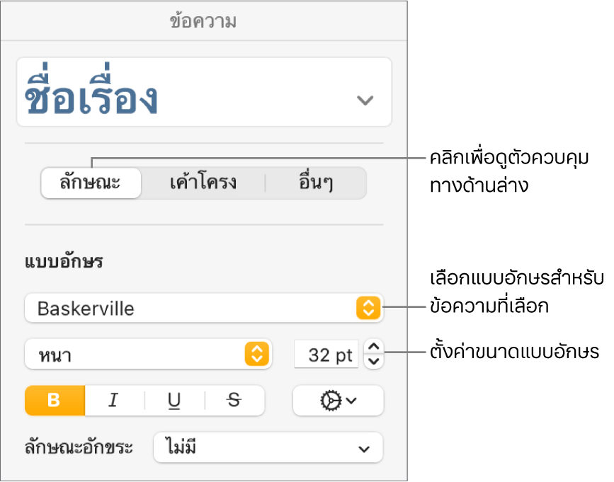 ตัวควบคุมข้อความในส่วนลักษณะของแถบด้านข้างรูปแบบสำหรับตั้งค่าแบบอักษรและขนาดแบบอักษร