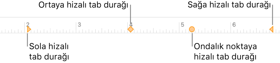Sol ve sağ paragraf marjları, ilk satır girintisi ve sola, ortaya, ondalık noktasına ve sağa hizalama sekmeleri için işaretleyicili cetvel.