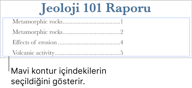 Belgeye eklenmiş içindekiler. Girişler, sayfa numaraları ile birlikte konu başlıkları gösterir.