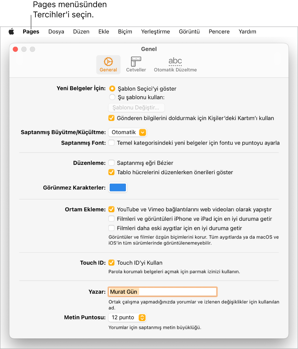 Genel sekmesi açık olan Pages Ayarlar bölümü