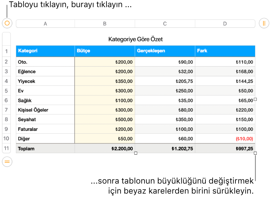 Yeniden boyutlandırma için beyaz kareleri bulunan seçili bir tablo.