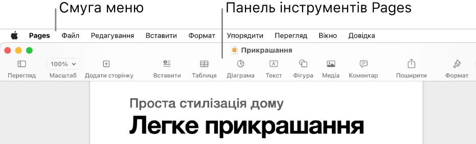 Смуга меню вгорі екрана з меню Apple, Pages, «Файл», «Редагування», «Вставлення», «Формат», «Розміщення», «Перегляд», «Вікно» і «Довідка». Під смугою меню відкрито документ Pages із кнопками панелі інструментів вгорі для команд «Перегляд», «Оптимізувати», «Додати сторінку», «Вставлення», «Таблиця», «Діаграма», «Текст», «Фігура», «Медіа» й «Коментувати», «Поширити» та «Формат».