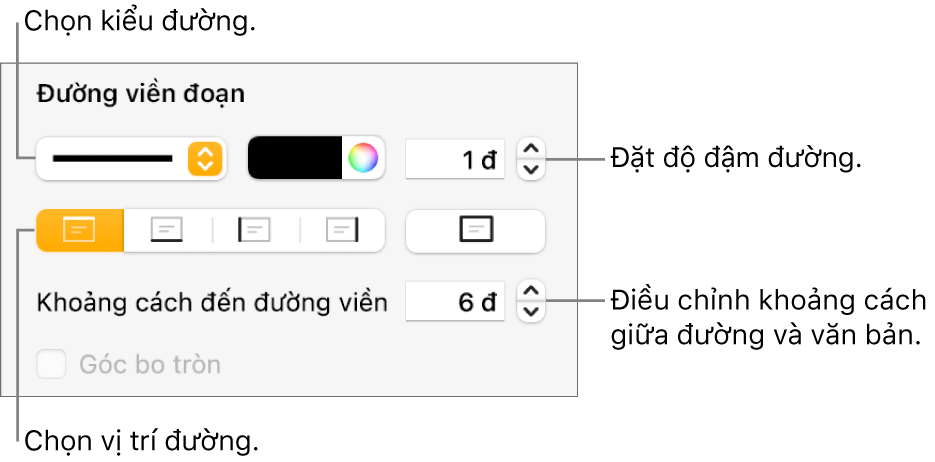 Các điều khiển để thay đổi kiểu đường, độ đậm, vị trí và màu.