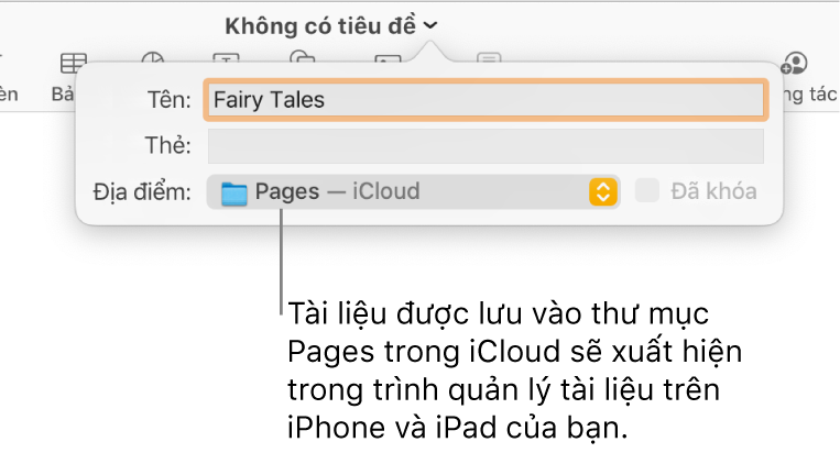 Hộp thoại Lưu tài liệu Pages – iCloud trong menu bật lên Vị trí.