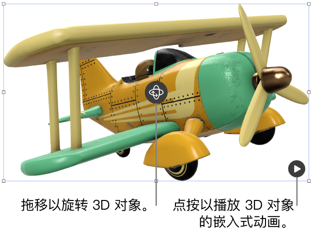 3D 对象，中心带有“旋转”按钮，右下角带有“播放”按钮。