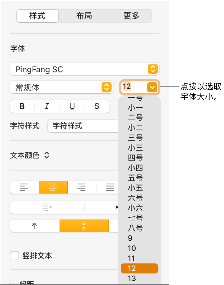 “格式”边栏的“样式”部分，其中字体大小弹出式菜单已打开。中国大陆政府标准字号显示在弹出式菜单顶部，点值位于下方。