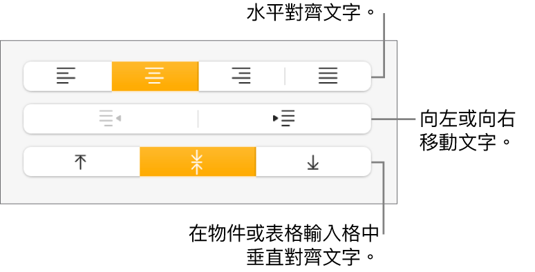 「對齊方式」部份，説明文字指向文字對齊方式和間距按鈕。