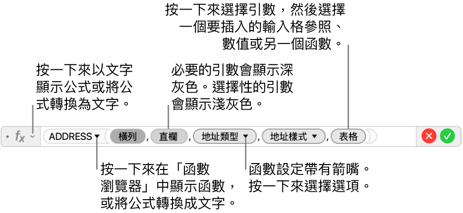 顯示 ADDRESS 函數與其引數代號的公式編輯器。