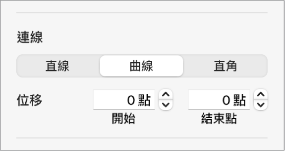 「連線」控制項目，已選擇「曲線」。