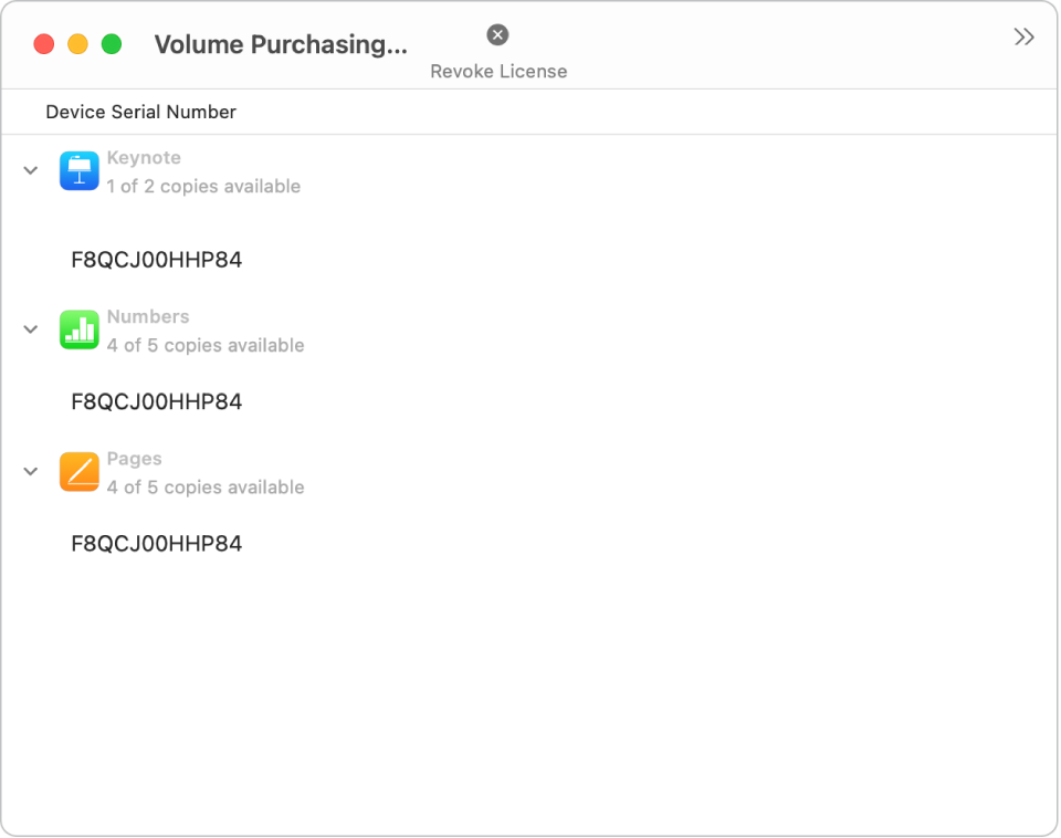 The window for viewing the apps that have been purchased in volume.
