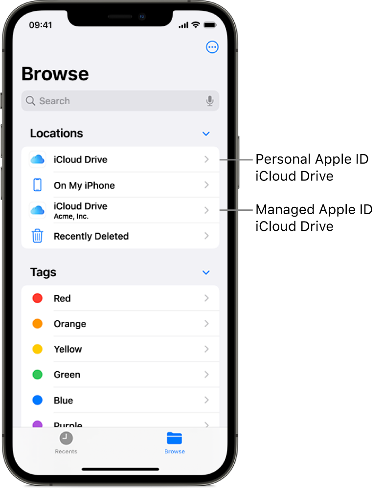 An iPhone screen showing the iCloud Drive for a user’s personal Apple ID and their Managed Apple ID.