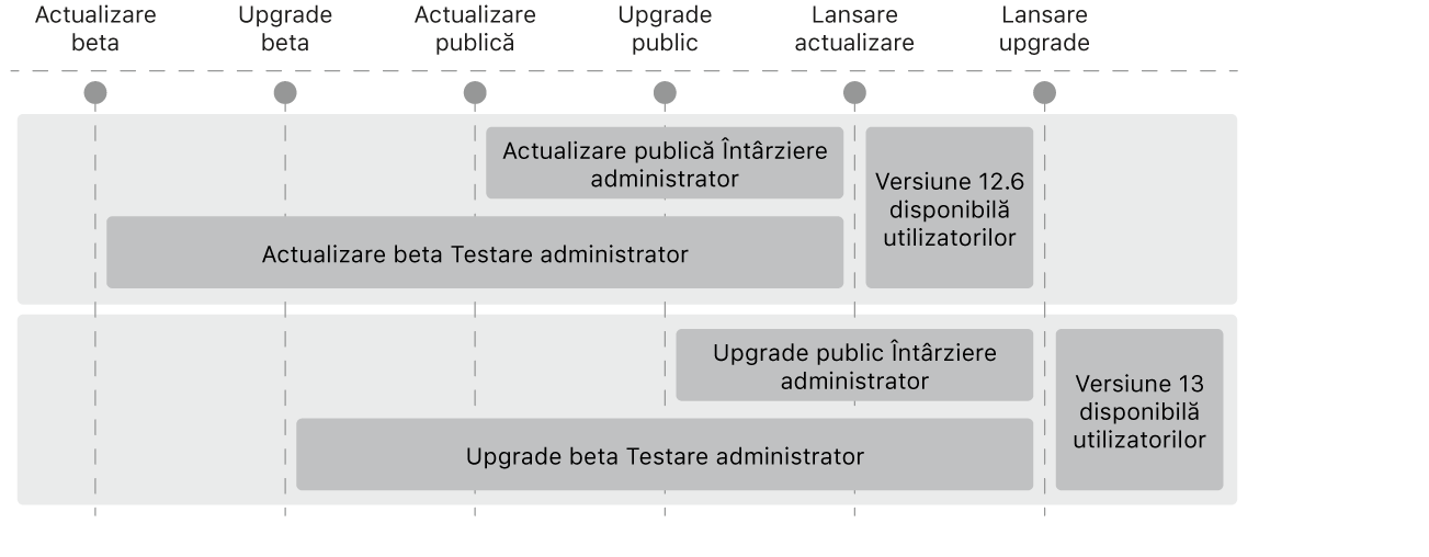 O diagramă afișând modul în care un administrator poate amâna upgrade‑urile și realiza actualizările sistemului de operare.