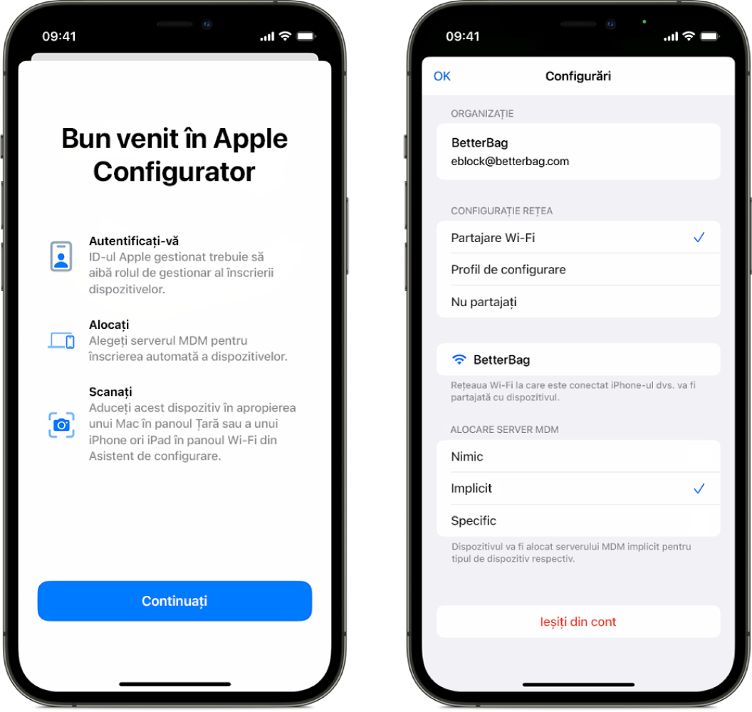 Apple Configurator pentru iPhone afișând două ecrane: primul este ecranul principal, afișând fereastra de bun venit, iar al doilea afișează serverul MDM implicit selectat drept alocare automată pentru dispozitive.