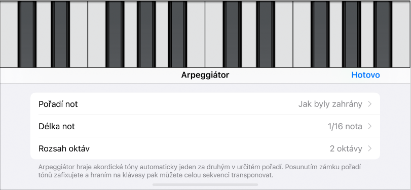 Ovládací prvky arpeggiátoru na klávesách