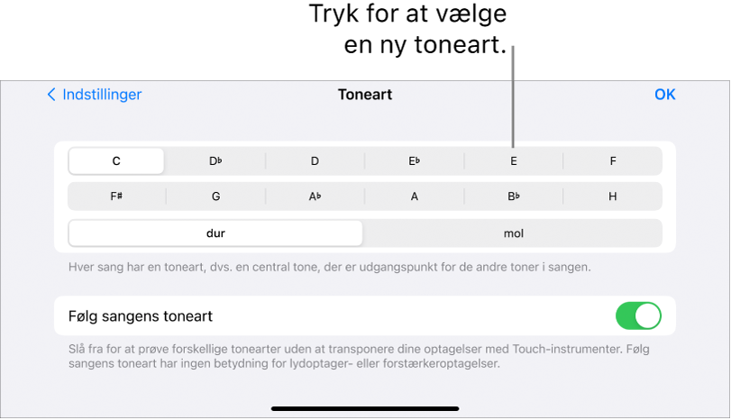 Toneart i Sangindstillinger