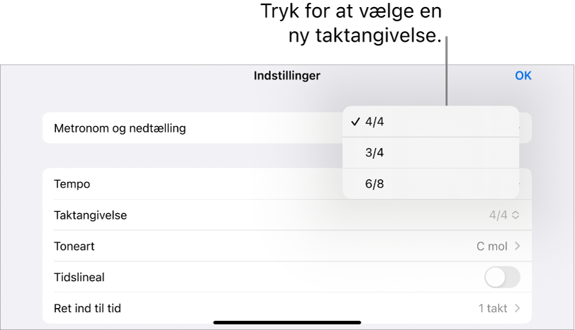 Taktangivelse i Sangindstillinger