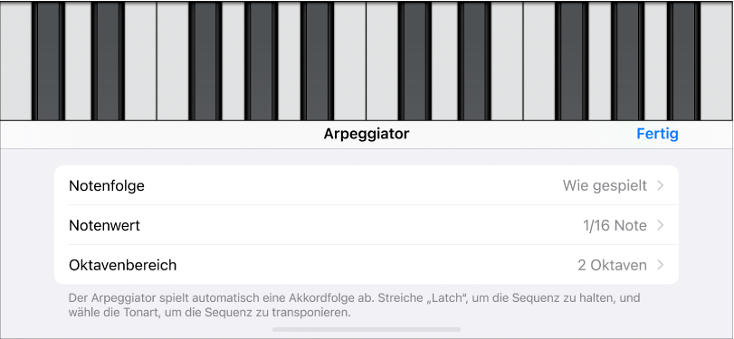 Arpeggiator-Steuerelemente des Keyboards