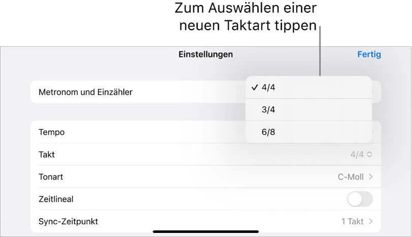 Taktart-Steuerung in den Songeinstellungen