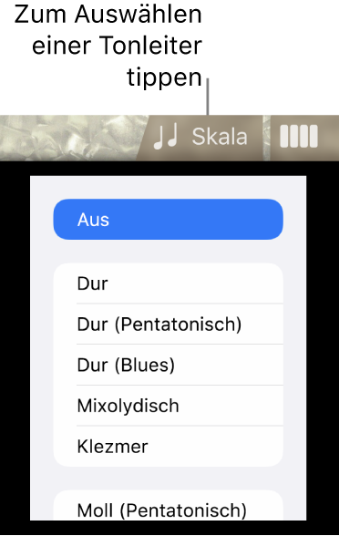 Taste „Skala“ und Tonskalenliste für den Bass