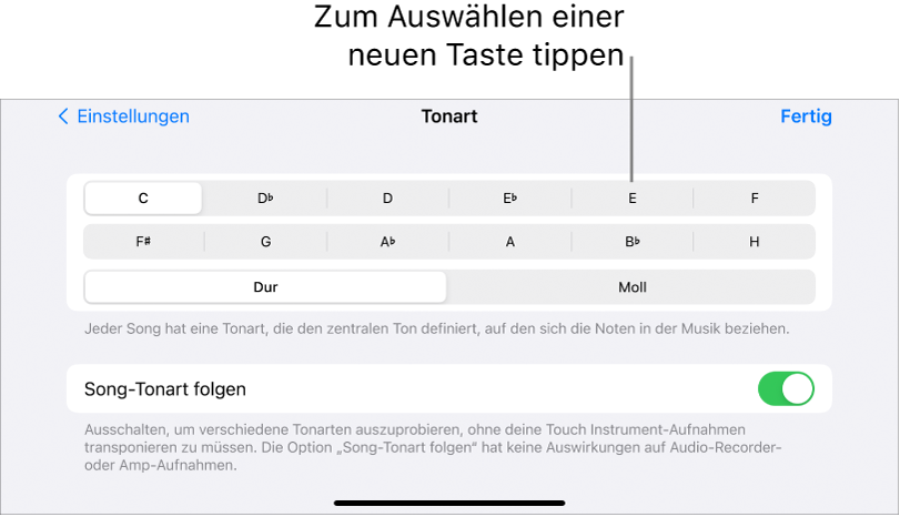 Tonart-Steuerung in den Songeinstellungen