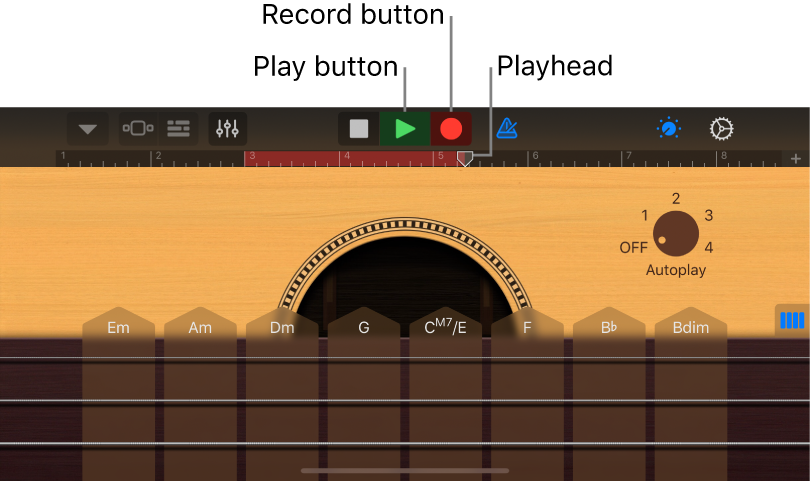 Record button and ruler showing recorded region