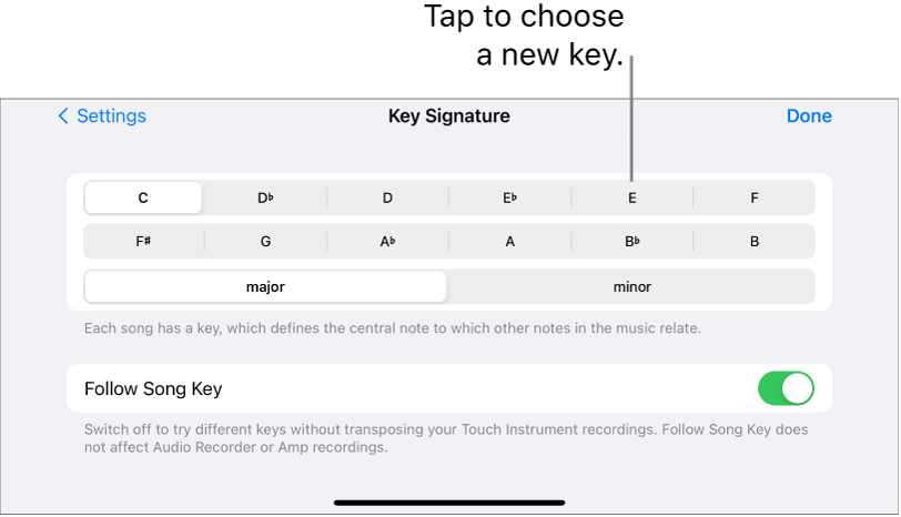 Key controls in Song settings