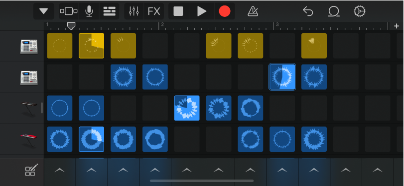 Figura. Tablatura de Live Loops con celdas reproduciéndose.