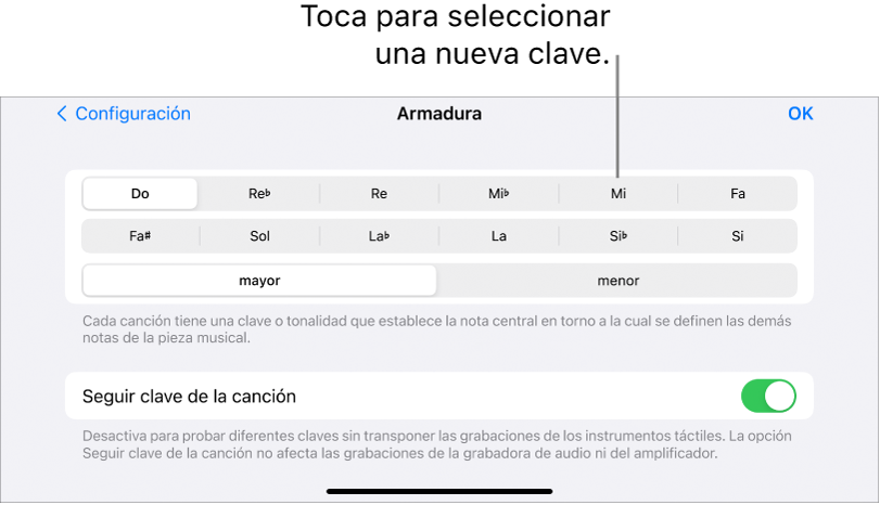 Controles de clave en la configuración de la canción