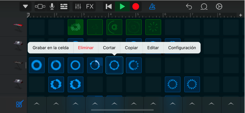 Figura. Tablatura Live Loops con la edición de celdas activada.