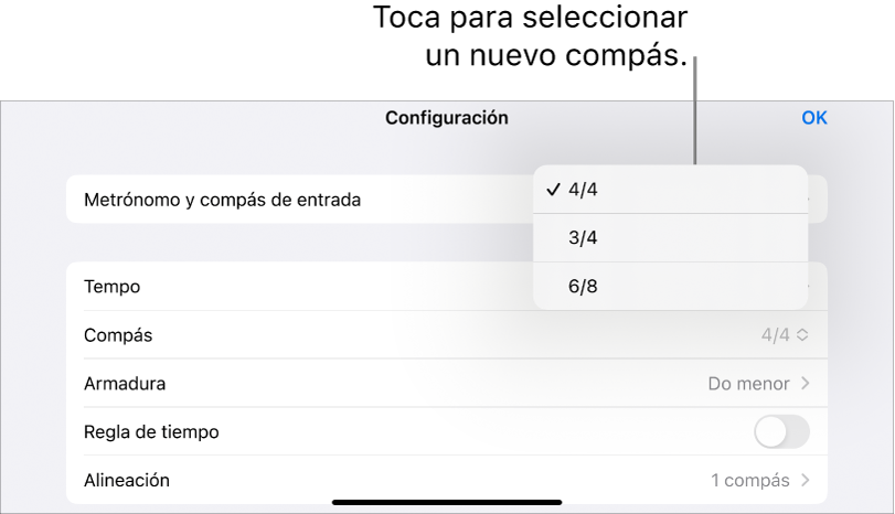 Controles de compás en la configuración de la canción