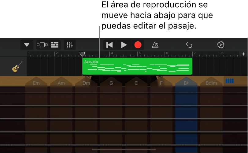 El área de reproducción se mueve hacia abajo, mostrando el pasaje