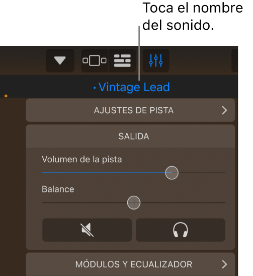 Figura. El nombre del sonido actual sobre los controles de pista.