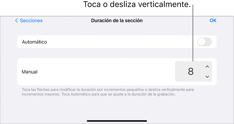 Controles para cambiar la duración de una sección de canción