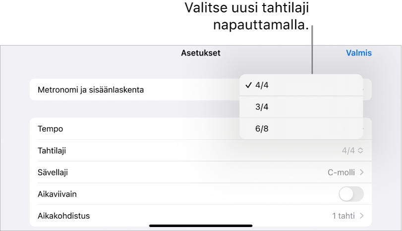 Kappaleasetusten tahtilajin säätimet