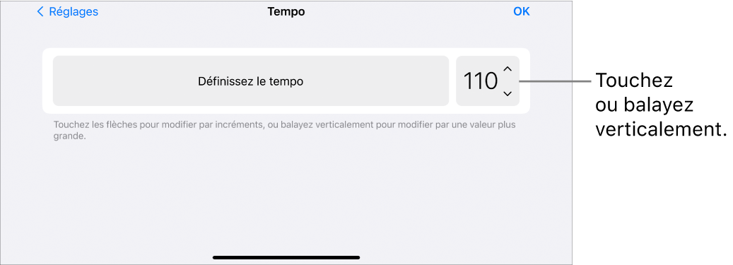 Réglages de tempo dans les réglages du morceau