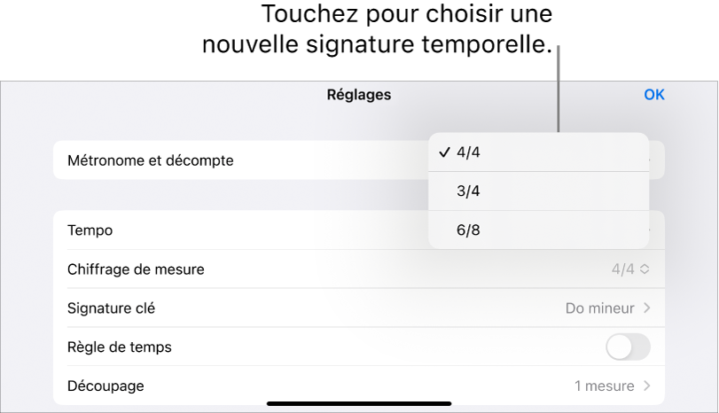 Réglages de signature temporelle dans les réglages du morceau