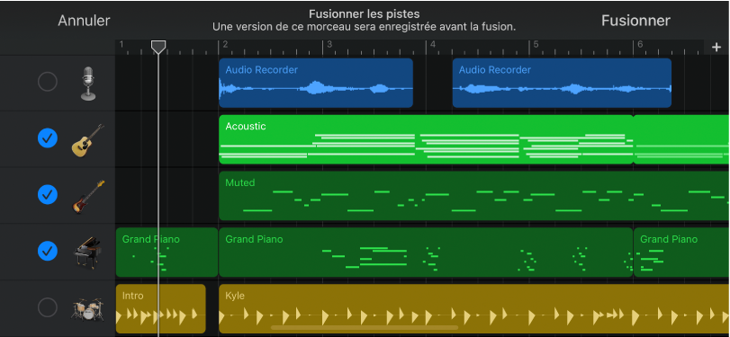 En-têtes de piste affichant des cercles de fusion de pistes